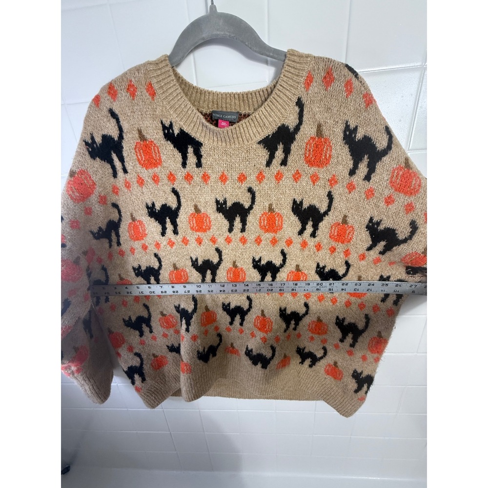 Vince Camuto Womens XXL Halloween Black Cat Pumpkin Intarsia Knit Sweater Tan - Picture 5 of 7